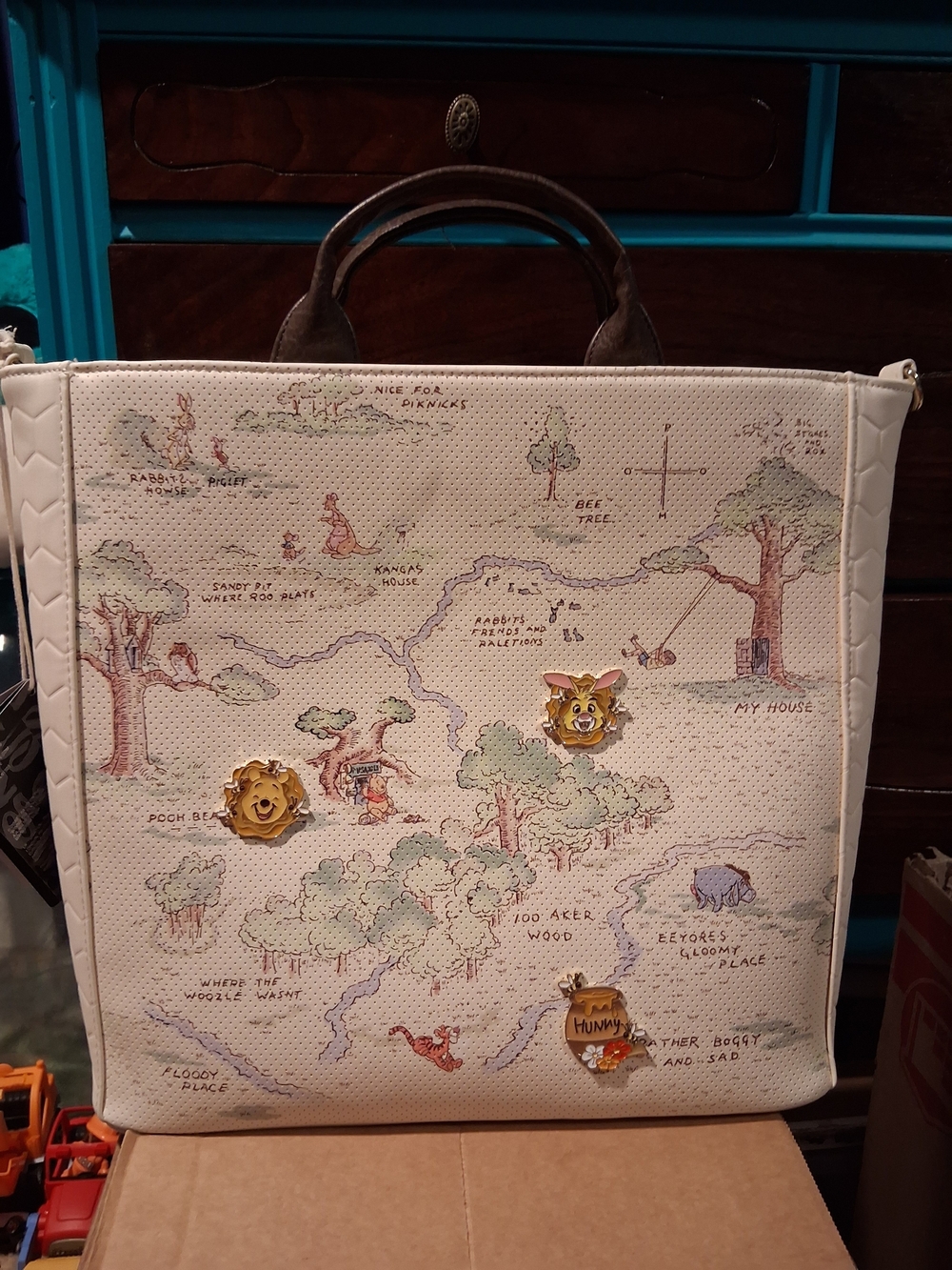 Disney Cream Canvas Tote with Winnie the Pooh Map and Character Pins